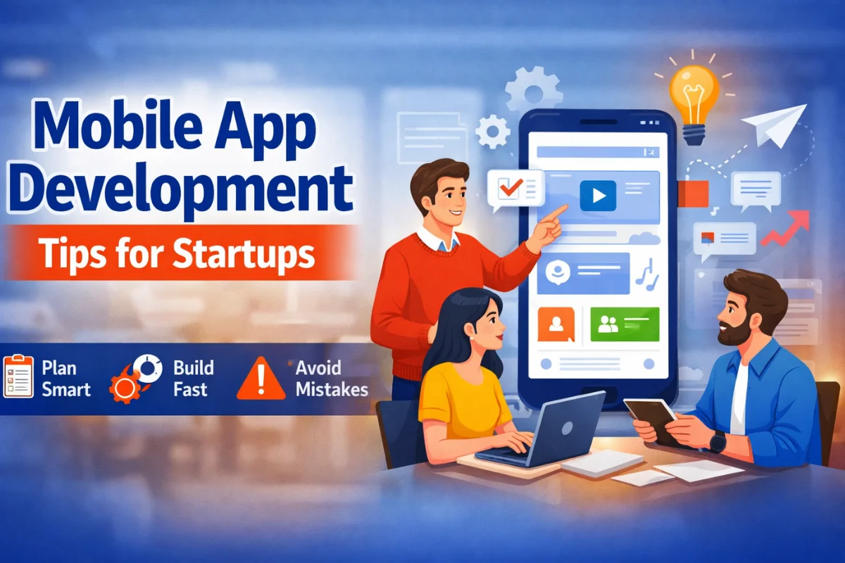 Startup team discussing mobile app development tips for building a successful app.